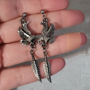 Vintage Pewter Eagle and Feather Southwest Earrings